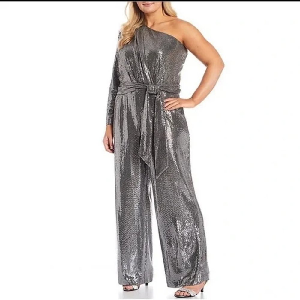NWOT: Alex Marie Silver Jumpsuit Women's Plus Size 20W Belted One Shoulder